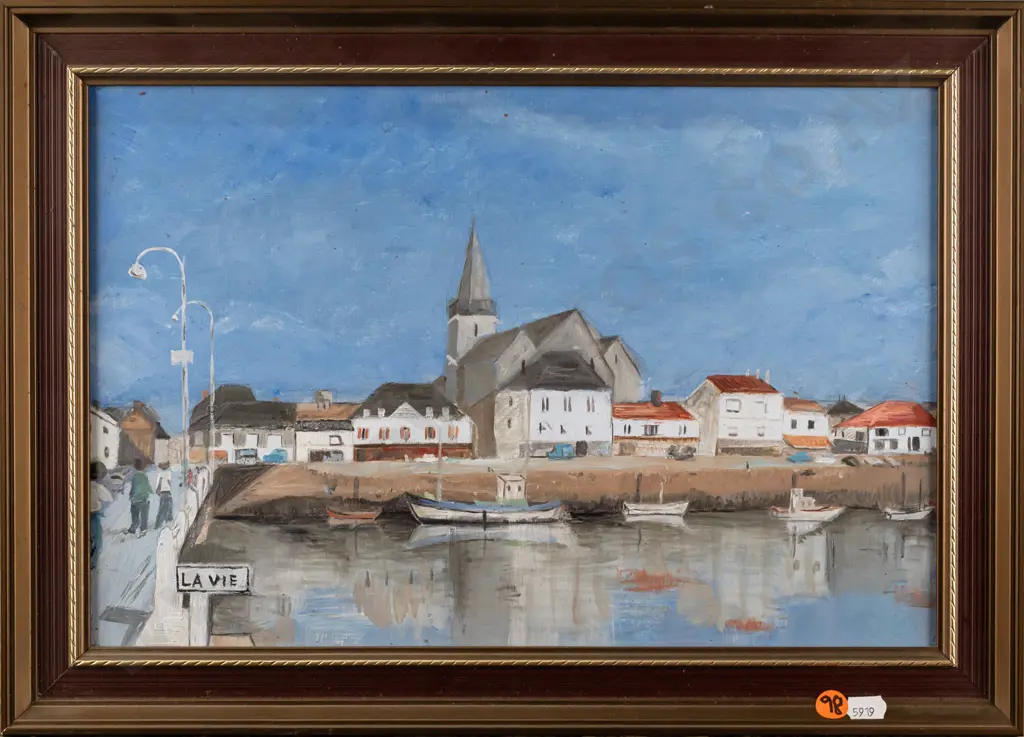 framed acrylic on board - harbour scene H240 W360 Image 1++