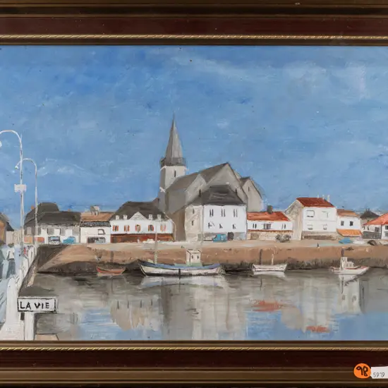 framed acrylic on board - harbour scene H240 W360