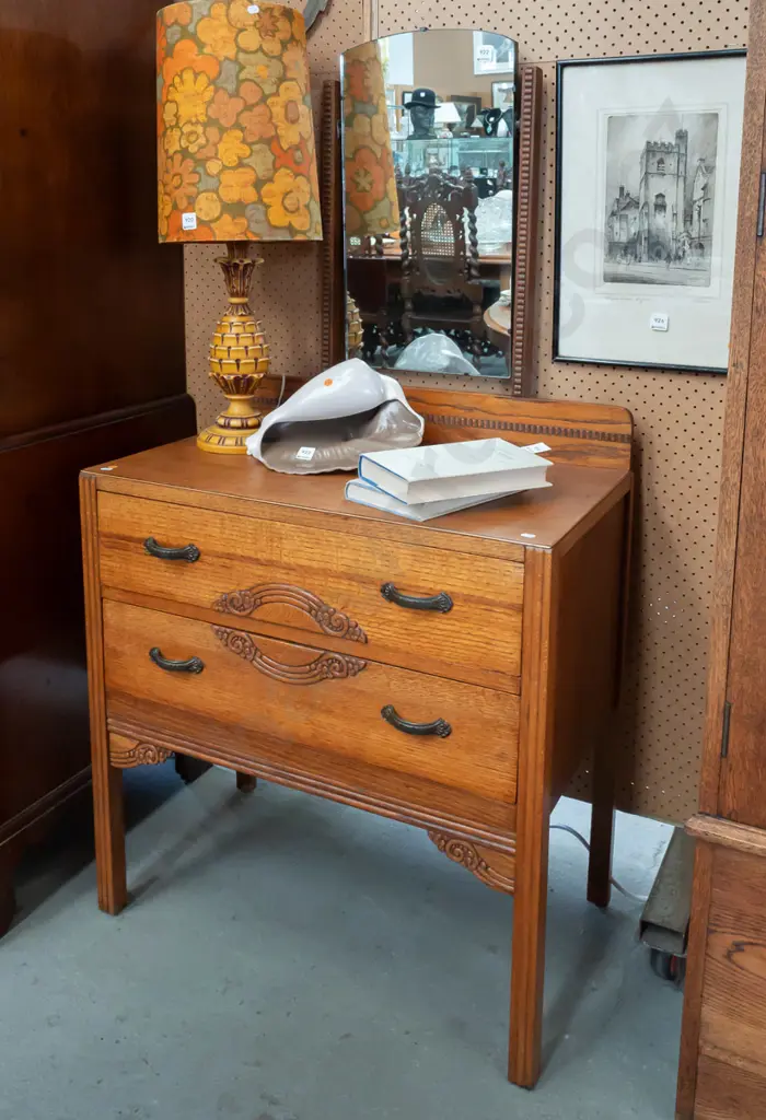 art deco style 2-drawer dresser with arch-top tilting mirror, fluted front legs, metal strap handles - mirror section a Image 1++