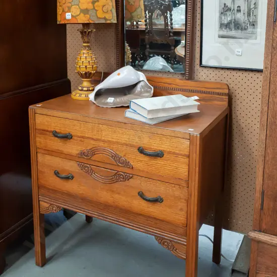 art deco style 2-drawer dresser with arch-top tilting mirror, fluted front legs, metal strap handles - mirror section a