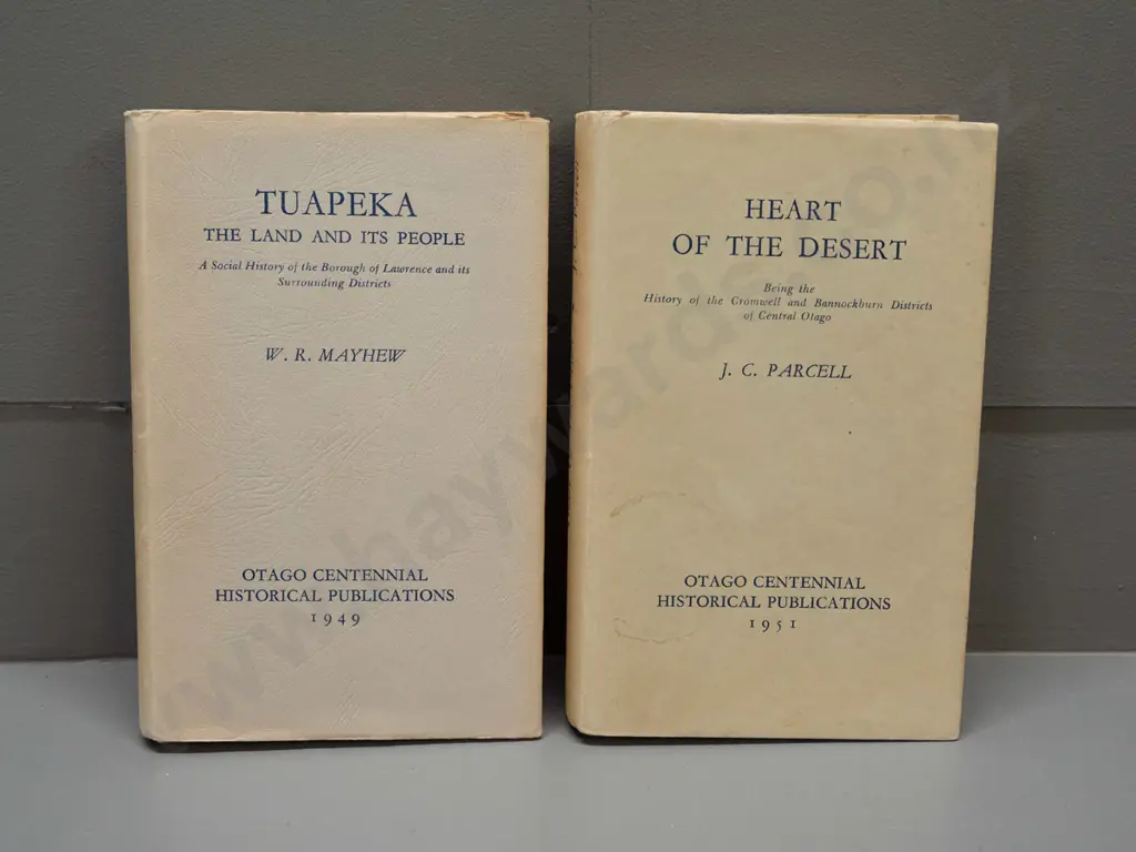 2 Otago Centennial local history books - 1949 "Tuapeka - The Land and its People" and 1951 "Heart of the Desert" central Image 1++