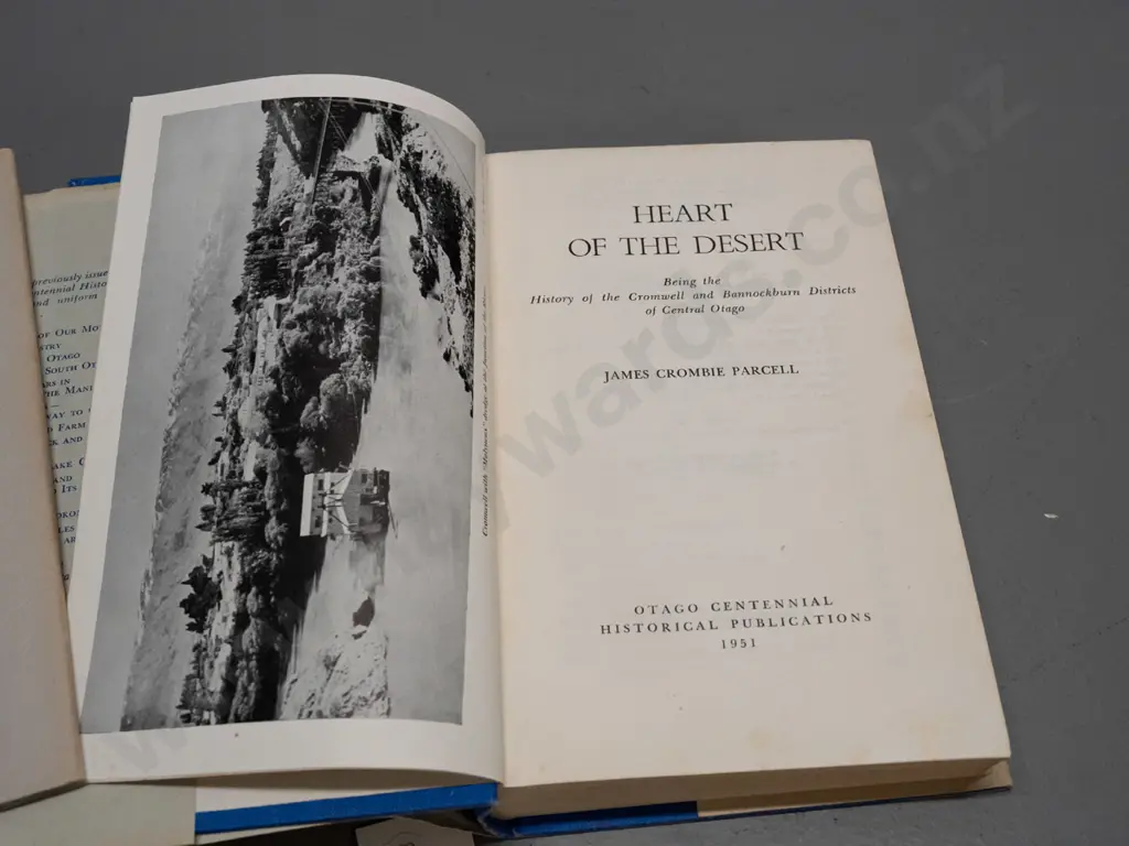 2 Otago Centennial local history books - 1949 "Tuapeka - The Land and its People" and 1951 "Heart of the Desert" central Image 1++