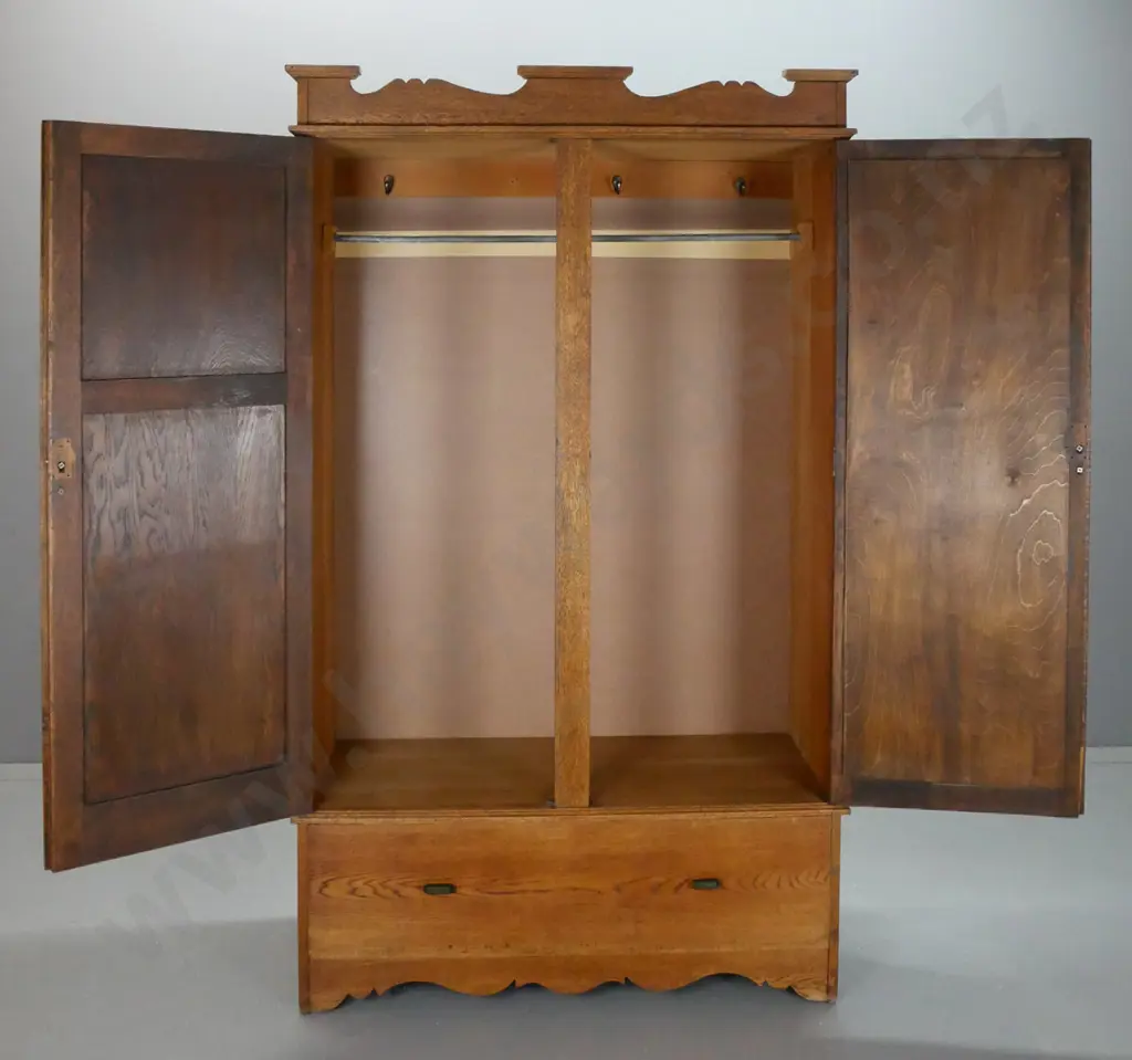 art deco oak double-door wardrobe, one panelled door & one with bevelled edge oval mirror, boot drawer. Locks removed Image 1++