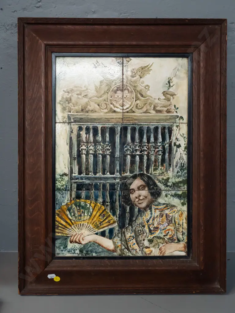 framed set of six hand-painted tiles. Note says 1920s Spanish. Signature indecipherable. Some chips & wear to frame. Image 1++