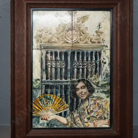 framed set of six hand-painted tiles. Note says 1920s Spanish. Signature indecipherable. Some chips & wear to frame.