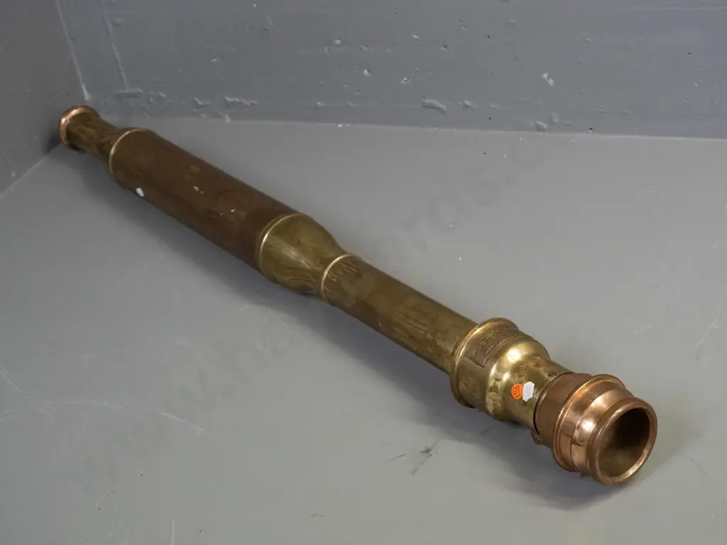 vintage large brass fire hose nozzle - plaque marked Wormald Brothers National Aer-o-Foam Nozzle with threaded copper Image 1++