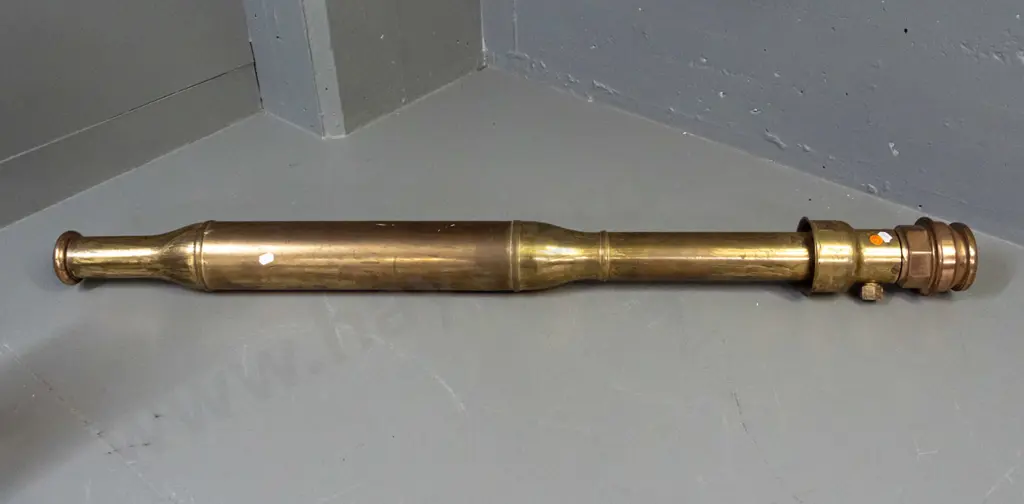 vintage large brass fire hose nozzle - plaque marked Wormald Brothers National Aer-o-Foam Nozzle with threaded copper Image 1++