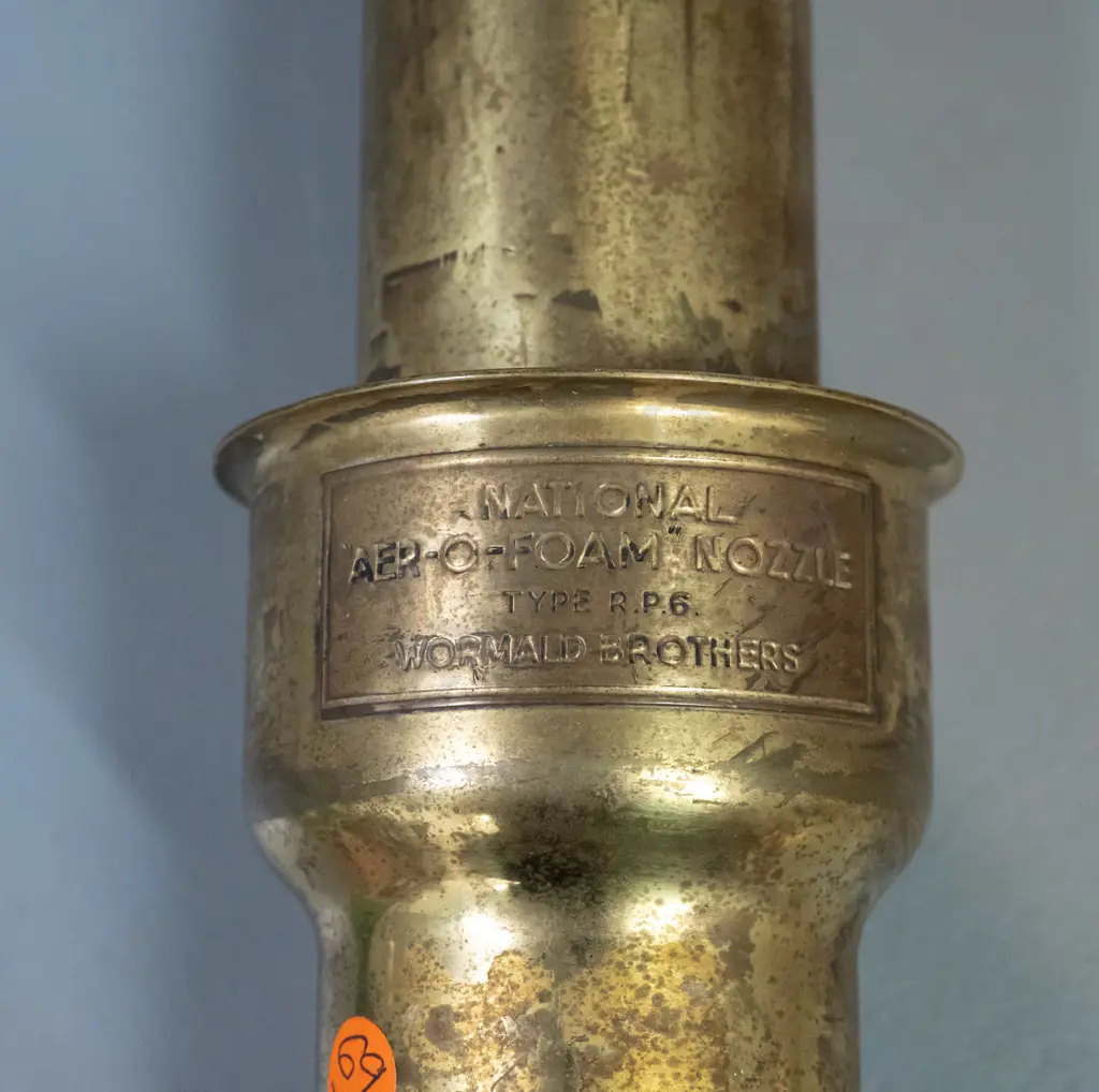 vintage large brass fire hose nozzle - plaque marked Wormald Brothers National Aer-o-Foam Nozzle with threaded copper Image 1++