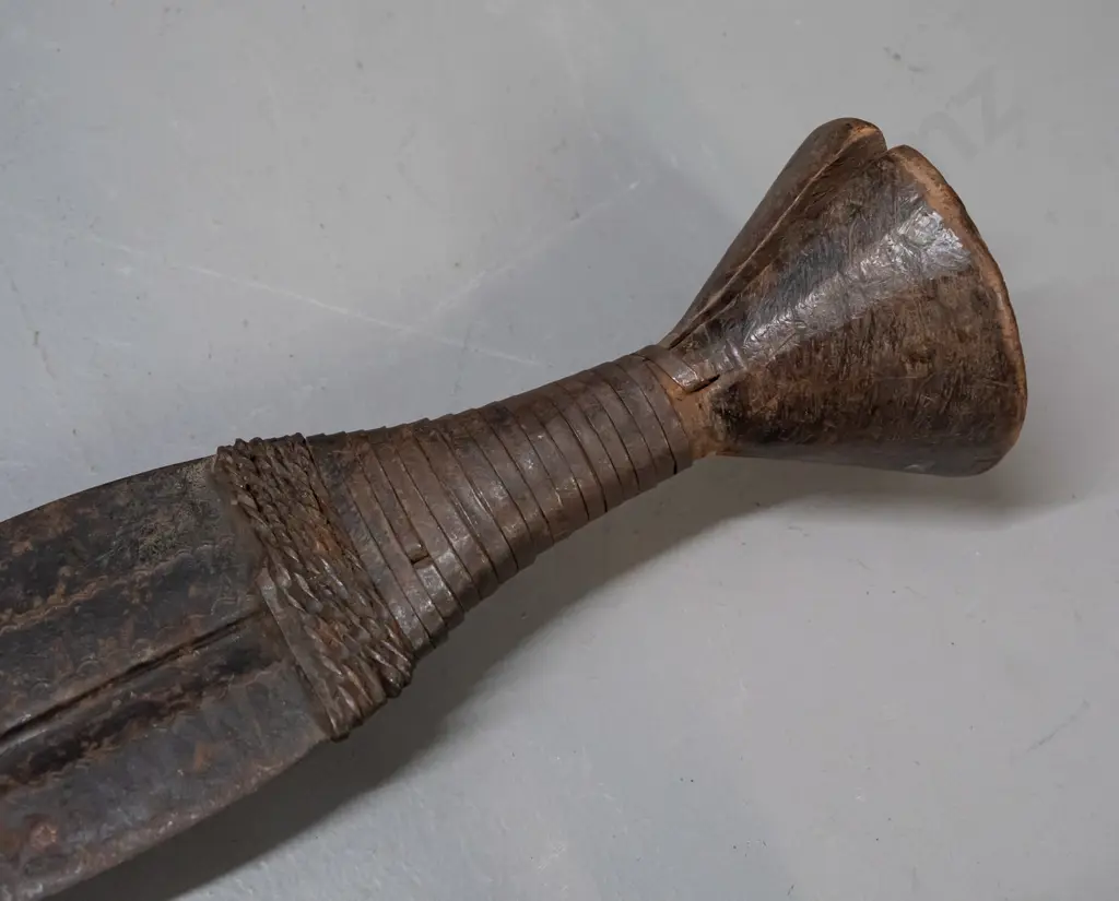ceremonial knife, Democratic Republic of Congo - wooden handle w/ metal binding and curved blade - split to handle and Image 1++
