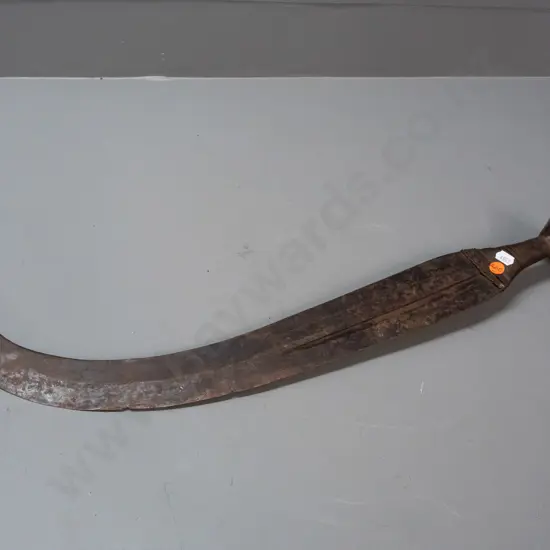 ceremonial knife, Democratic Republic of Congo - wooden handle w/ metal binding and curved blade - split to handle and