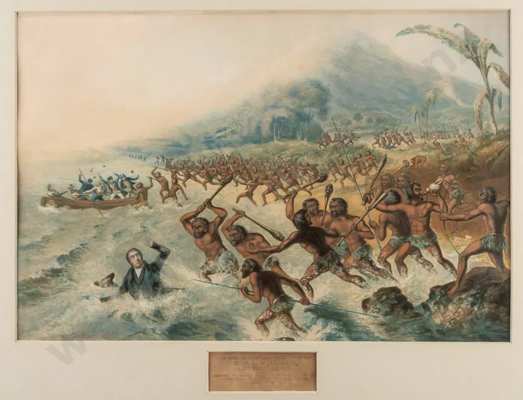 framed vintage print "The Massacre of the lamented missionary the Rev J Williams" H-210 W-310 frame needs attention Image 1++