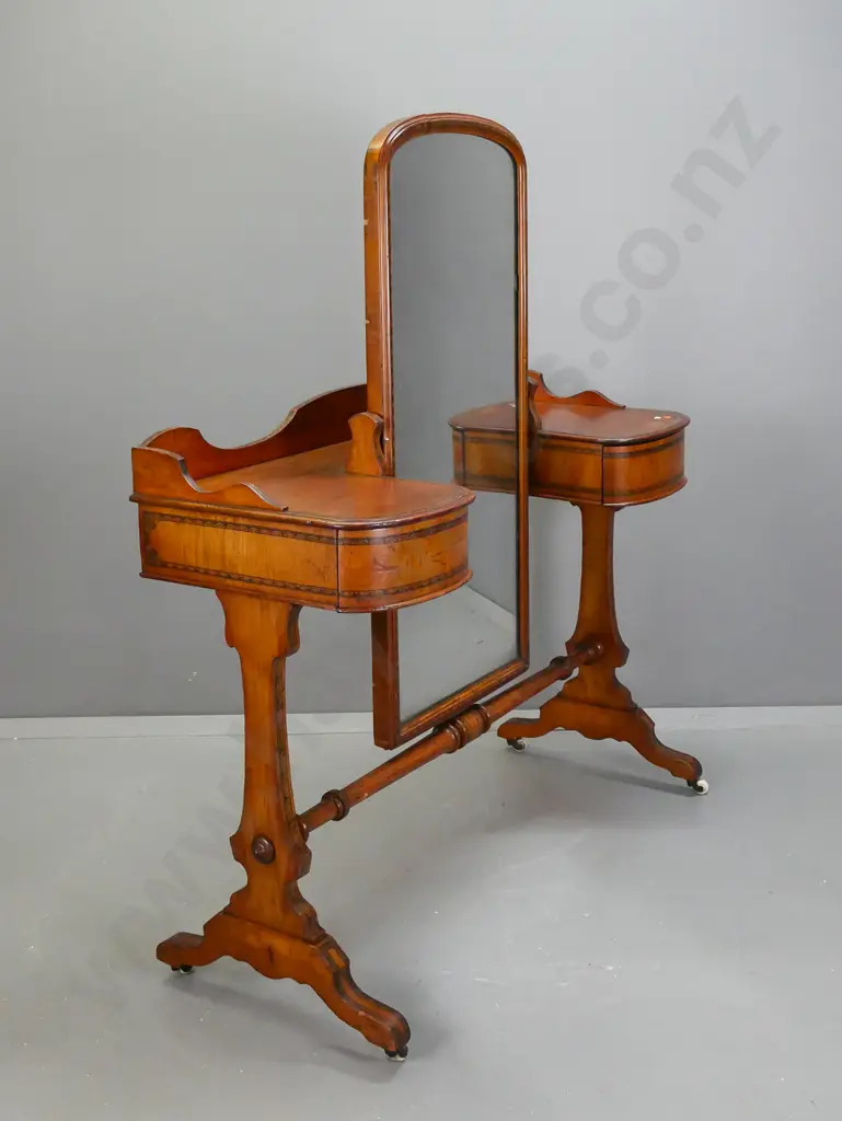 restorer's Victorian pine dressing mirror with D-shade ends with drawers, shaped upstand, turned refectory base, Image 1++