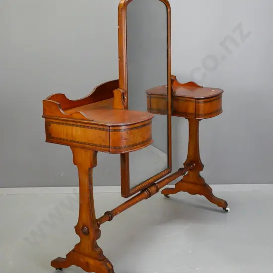 restorer's Victorian pine dressing mirror with D-shade ends with drawers, shaped upstand, turned refectory base,