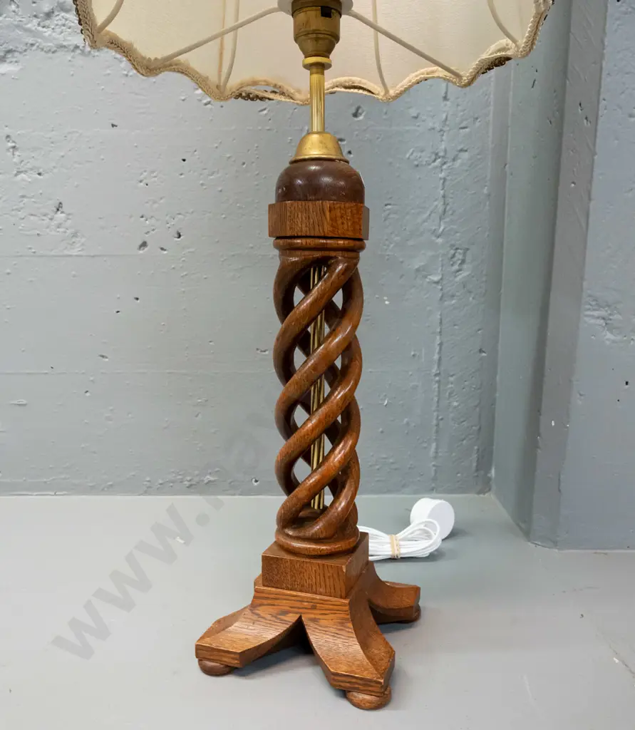vintage open-twist carved oak table lamp with brass fitting, waisted shade - some wear to top and bottom rim of shade Image 1++