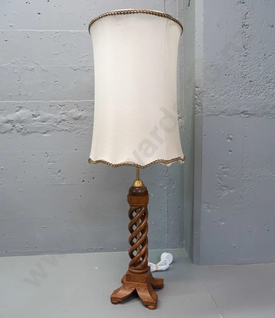vintage open-twist carved oak table lamp with brass fitting, waisted shade - some wear to top and bottom rim of shade Image 1++