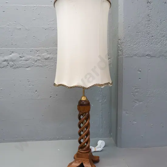 vintage open-twist carved oak table lamp with brass fitting, waisted shade - some wear to top and bottom rim of shade