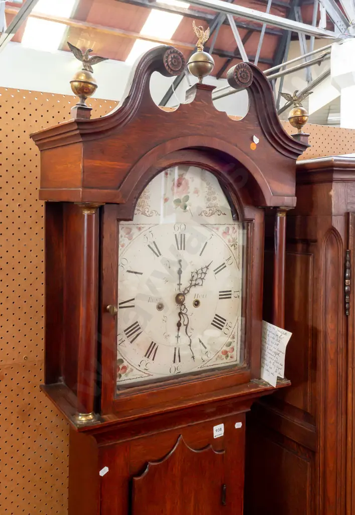 late Georgian long case clock with breakarch dial, painted enamel face by Rust of Hull, movement c 1790. Image 1++