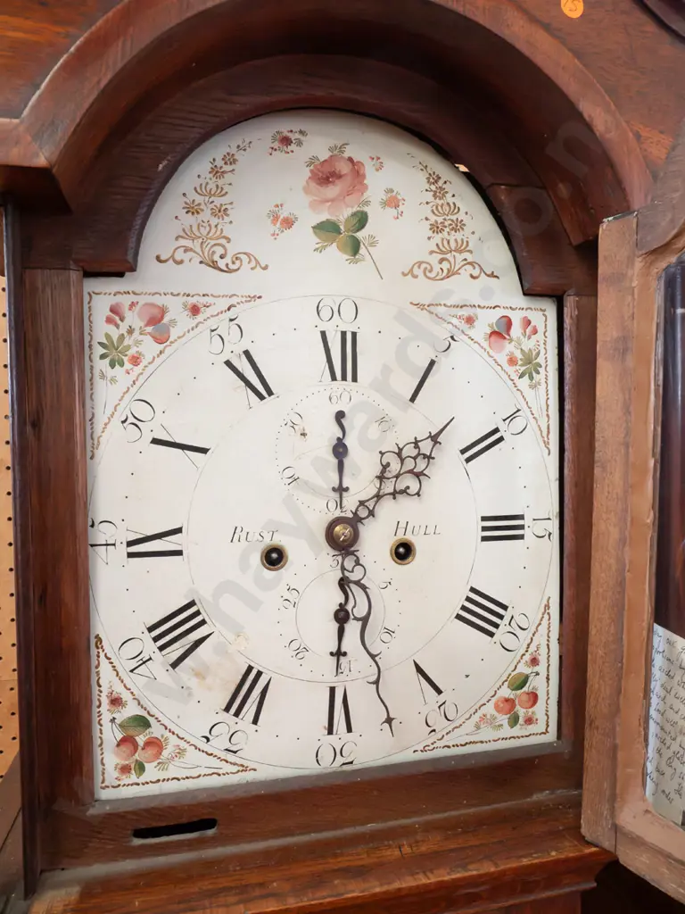 late Georgian long case clock with breakarch dial, painted enamel face by Rust of Hull, movement c 1790. Image 1++