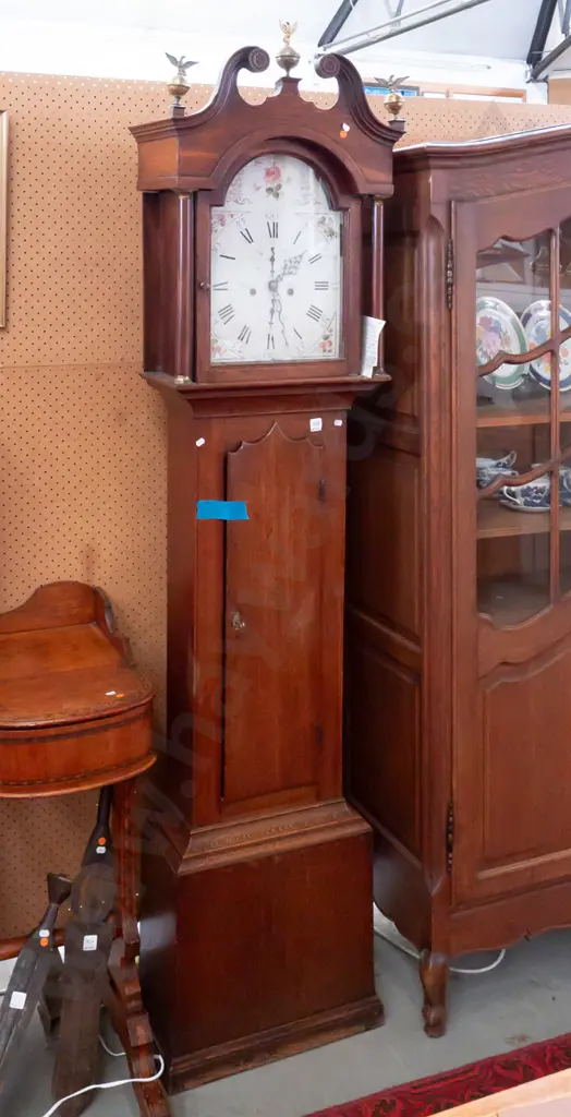 late Georgian long case clock with breakarch dial, painted enamel face by Rust of Hull, movement c 1790. Image 1++