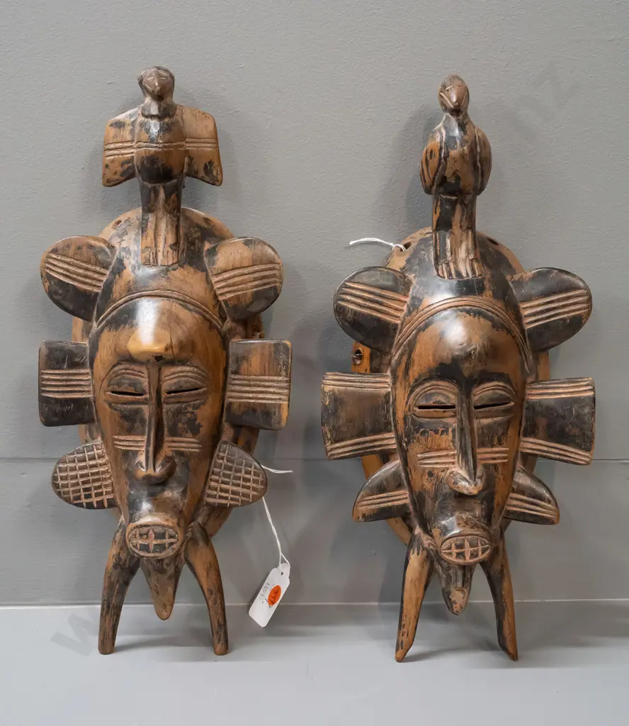 2 African carved wood ornamental bird motif wall masks - age wear. Larger is H-360 Image 1++
