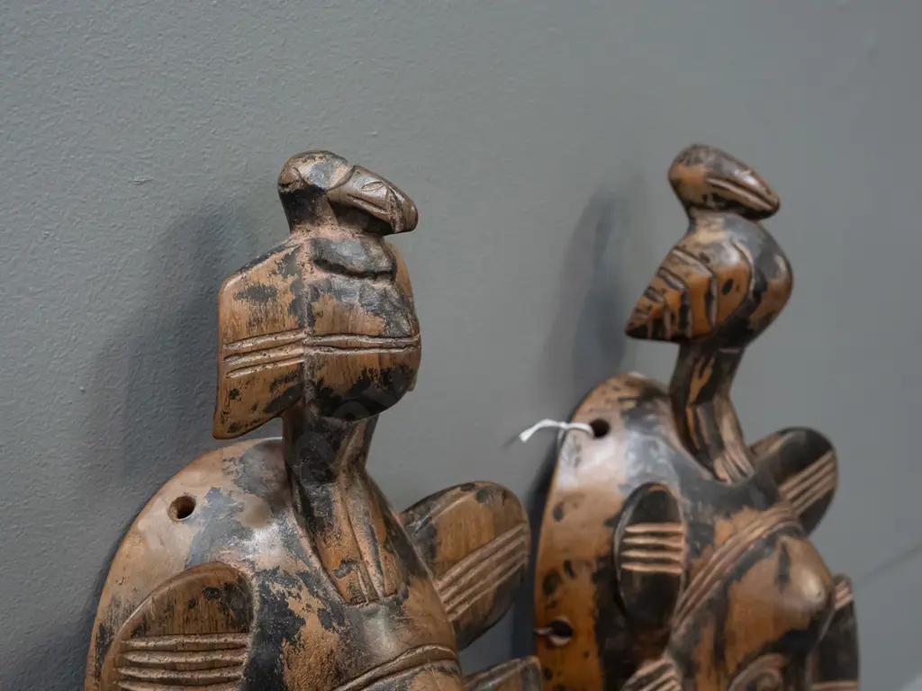 2 African carved wood ornamental bird motif wall masks - age wear. Larger is H-360 Image 1++