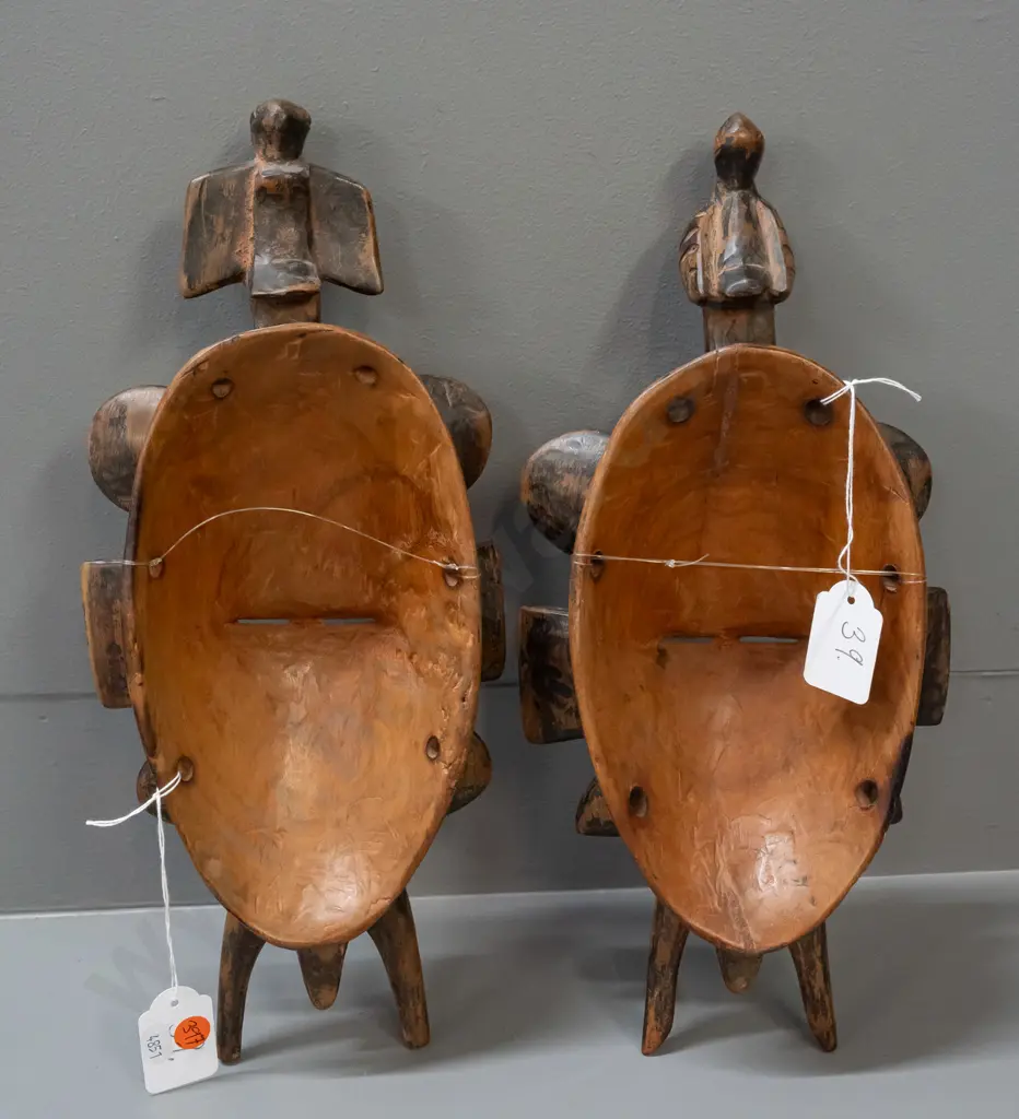 2 African carved wood ornamental bird motif wall masks - age wear. Larger is H-360 Image 1++