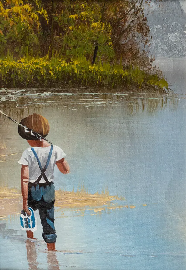 framed acrylic - boy fishing H-160 W-1100 Image 1++