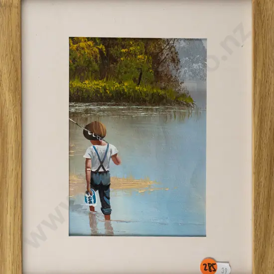 framed acrylic - boy fishing H-160 W-1100