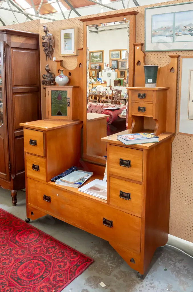 art nouveau oak dresser with full sized bevelled egde dressing mirror, flanked by leadlight cupboard and Image 1++