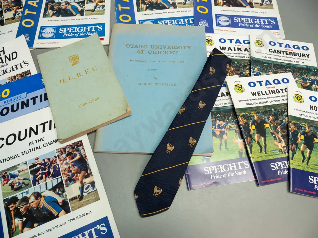 assorted Otago sports items - Otago University At Cricket, OURFC 1886-1969, Dunedin RFC neck tie, etc - some wear, see Image 1++