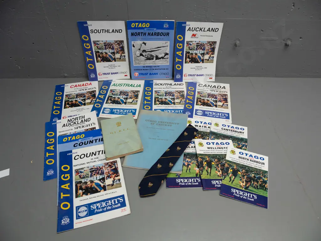 assorted Otago sports items - Otago University At Cricket, OURFC 1886-1969, Dunedin RFC neck tie, etc - some wear, see Image 1++
