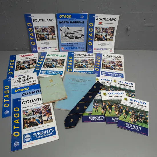 assorted Otago sports items - Otago University At Cricket, OURFC 1886-1969, Dunedin RFC neck tie, etc - some wear, see