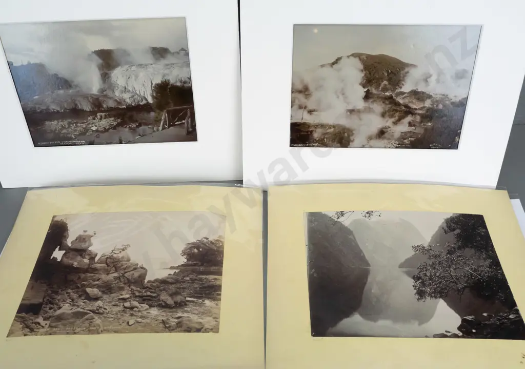 8 vintage NZ photographs, some on double sided card, 2 in mats - Stewart Island, Lake Wanaka, Tarawera and other thermal Image 1++