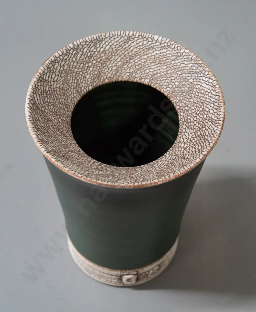 Peter Shearer studio pottery beaker shaped vase with angled lip H-160 D-110 at top rim Image 1++