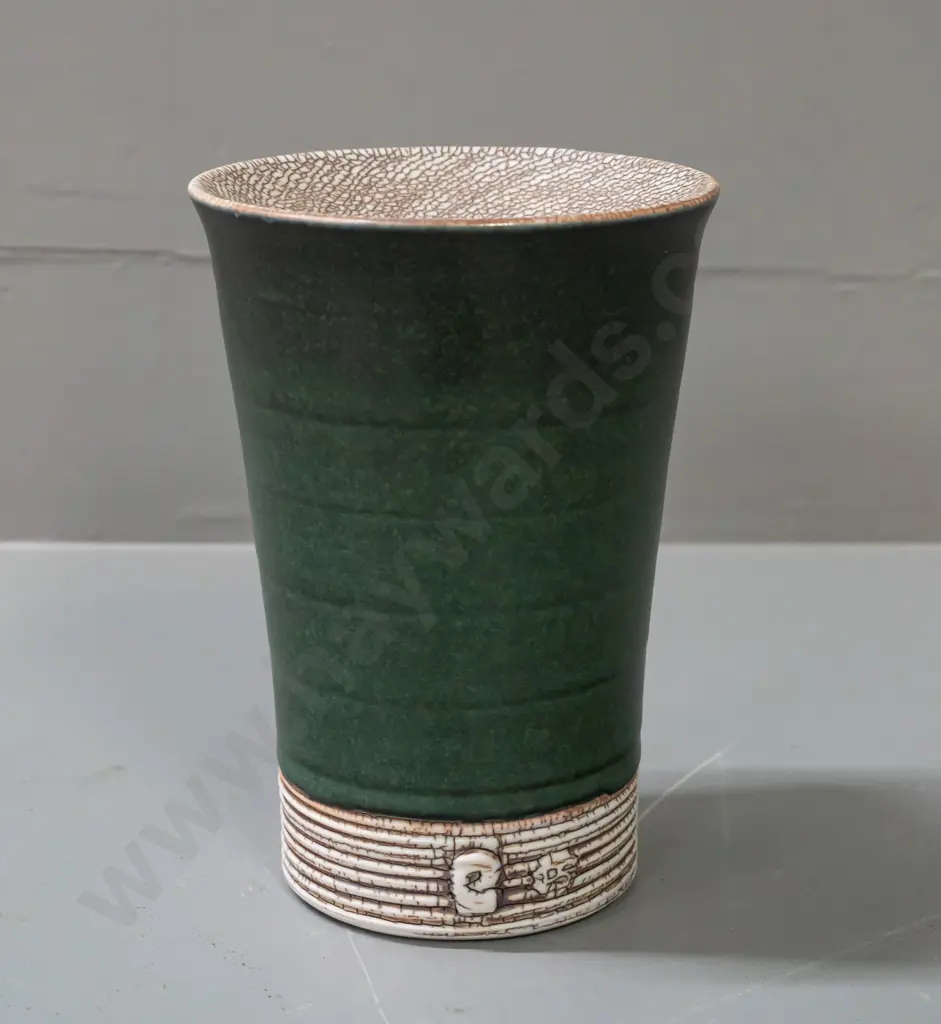 Peter Shearer studio pottery beaker shaped vase with angled lip H-160 D-110 at top rim Image 1++