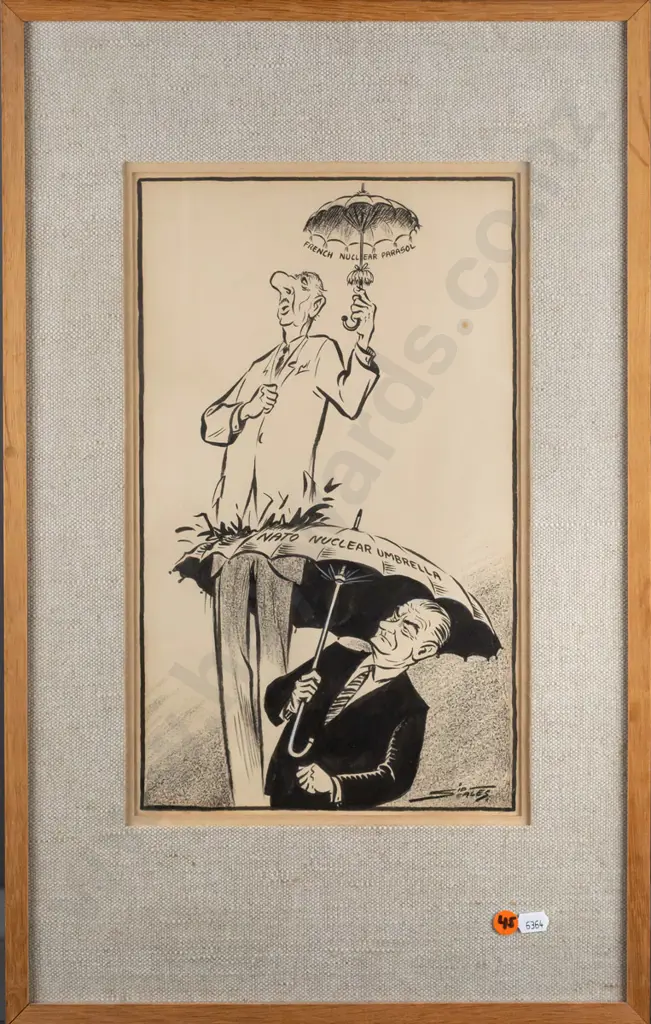 framed vintage Sid Scales cartoon "French Nuclear Parasol, NATO Nuclear Umbrella" H350 W215 Image 1++