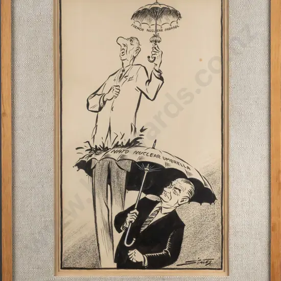 framed vintage Sid Scales cartoon "French Nuclear Parasol, NATO Nuclear Umbrella" H350 W215