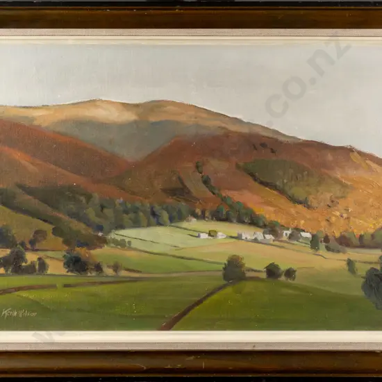 Keith Wilson - framed oil on board - landscape, fields and hills H310 W460