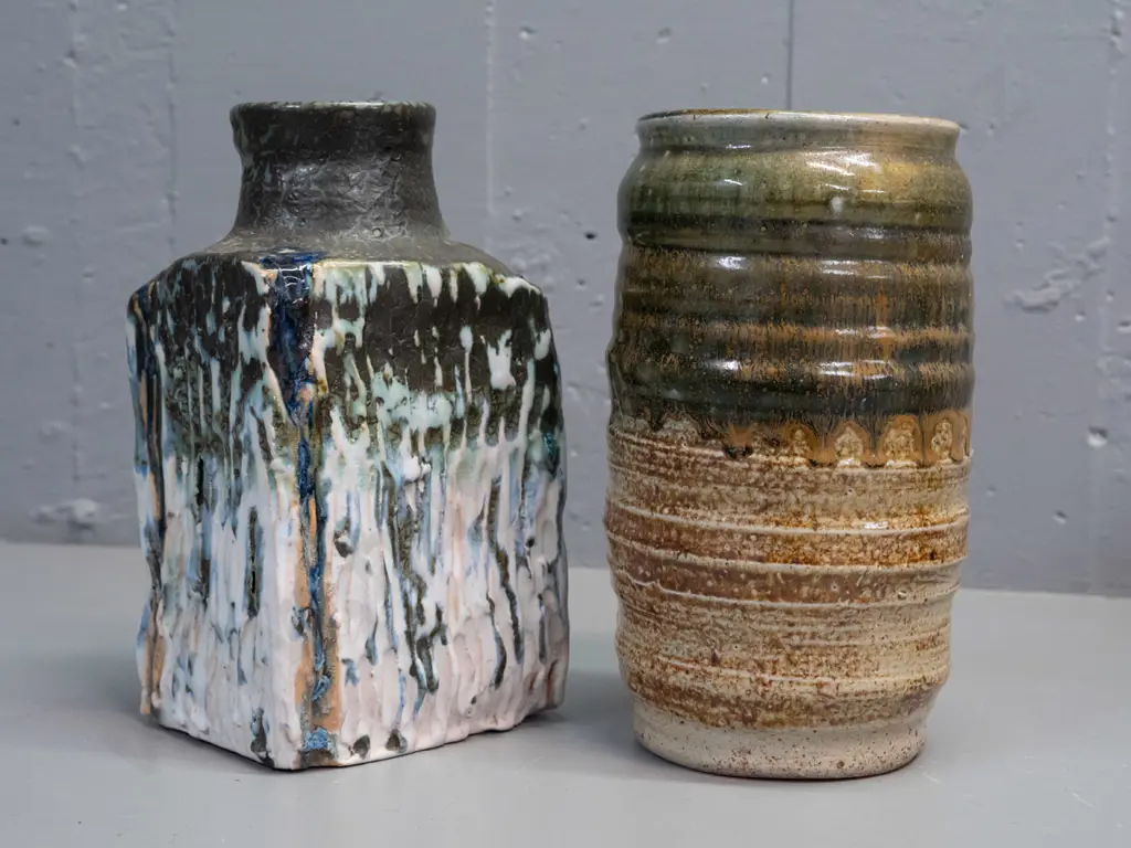 2 pieces of studio pottery - Paul Melser New Zealand H-210 and a retro textured slab bottle vase marked RG Image 1++