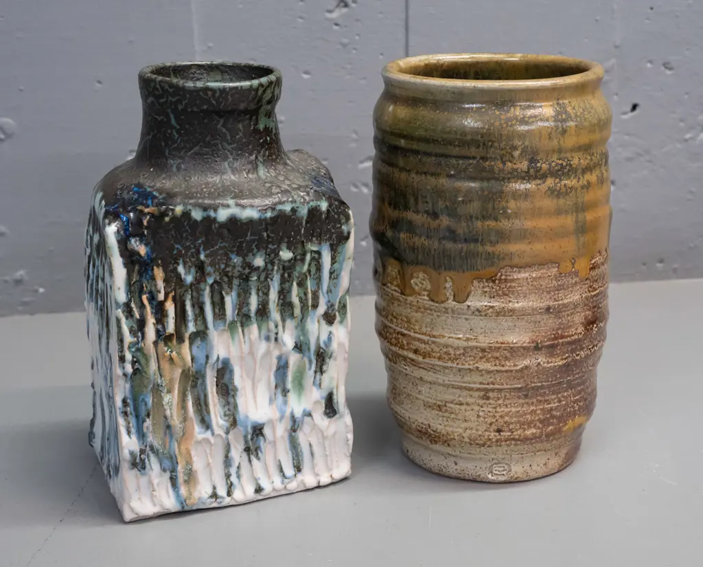 2 pieces of studio pottery - Paul Melser New Zealand H-210 and a retro textured slab bottle vase marked RG Image 1++