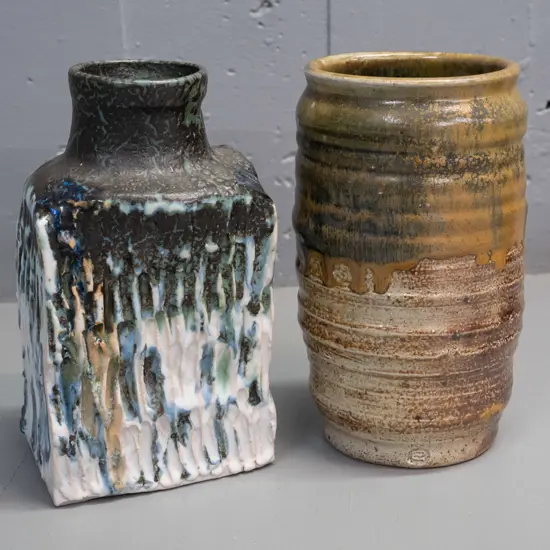 2 pieces of studio pottery - Paul Melser New Zealand H-210 and a retro textured slab bottle vase marked RG