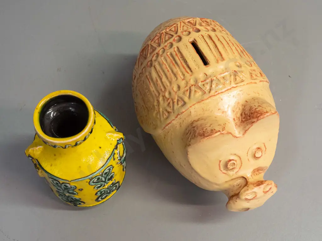 2 retro German pottery items - "Bay Keramik"  piggy bank w/ key & pamphlet and a bright yellow and green bottle vase. Image 1++