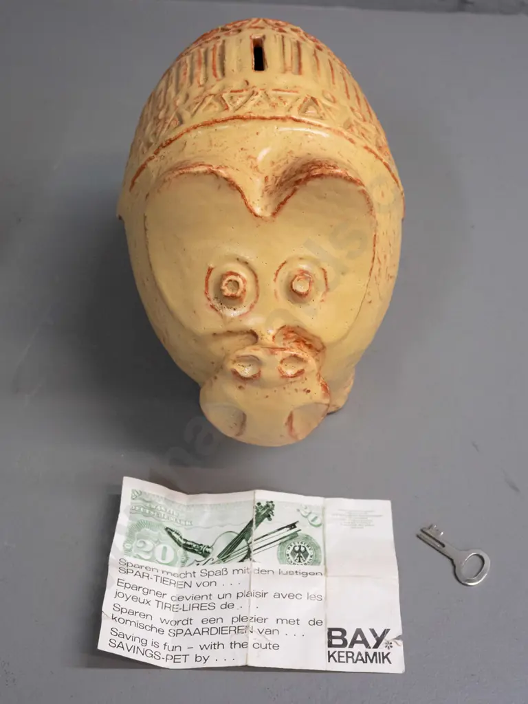 2 retro German pottery items - "Bay Keramik"  piggy bank w/ key & pamphlet and a bright yellow and green bottle vase. Image 1++