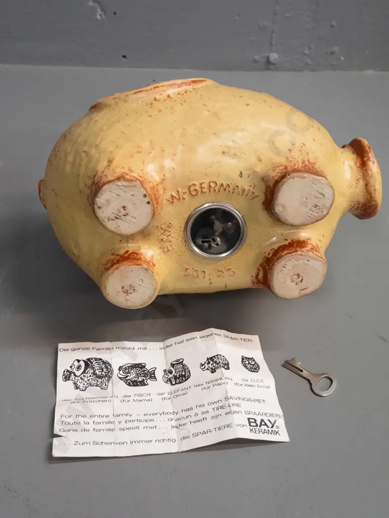 2 retro German pottery items - "Bay Keramik"  piggy bank w/ key & pamphlet and a bright yellow and green bottle vase. Image 1++