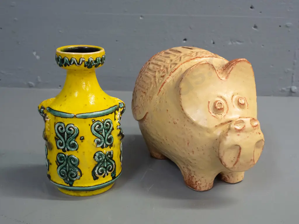 2 retro German pottery items - "Bay Keramik"  piggy bank w/ key & pamphlet and a bright yellow and green bottle vase. Image 1++