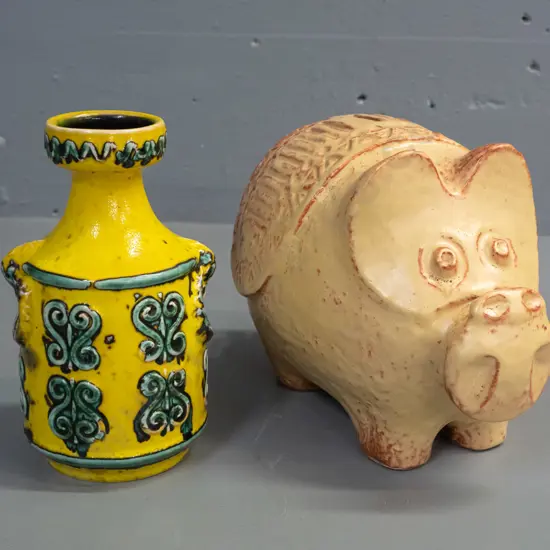 2 retro German pottery items - "Bay Keramik"  piggy bank w/ key & pamphlet and a bright yellow and green bottle vase.