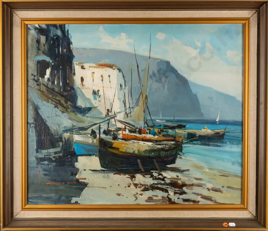 illegible signature - framed oil on canvas - coastal scene H-500 W-590 Image 1++