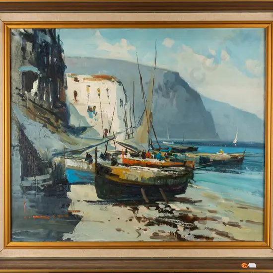 illegible signature - framed oil on canvas - coastal scene H-500 W-590