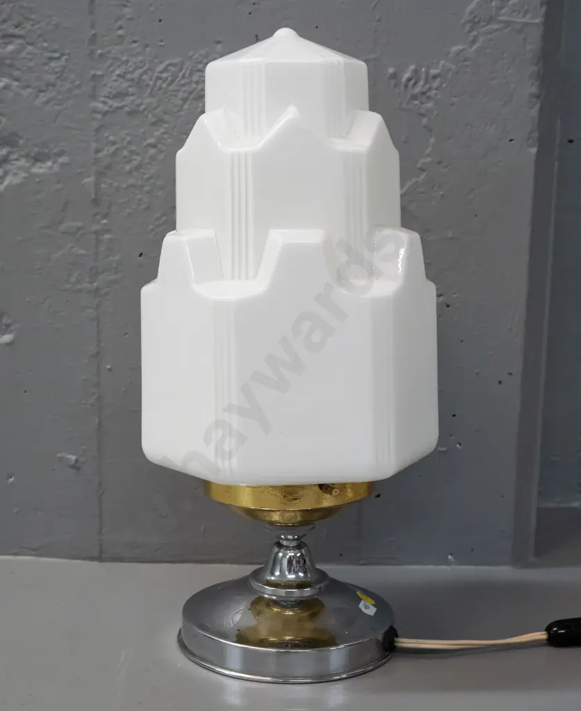 deco style table lamp with chrome Acme Metal Co. base, faceted milk glass shade, applied gold leaf on journal H-390 Image 1++