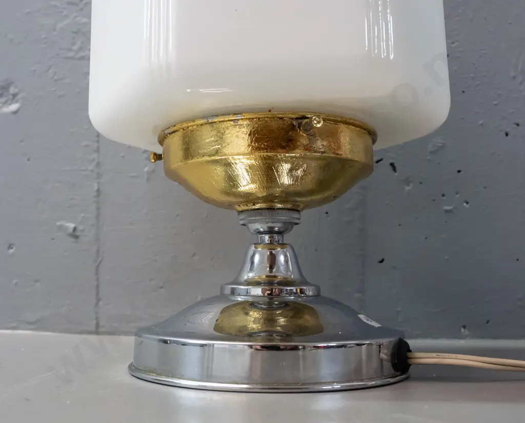 deco style table lamp with chrome Acme Metal Co. base, faceted milk glass shade, applied gold leaf on journal H-390 Image 1++